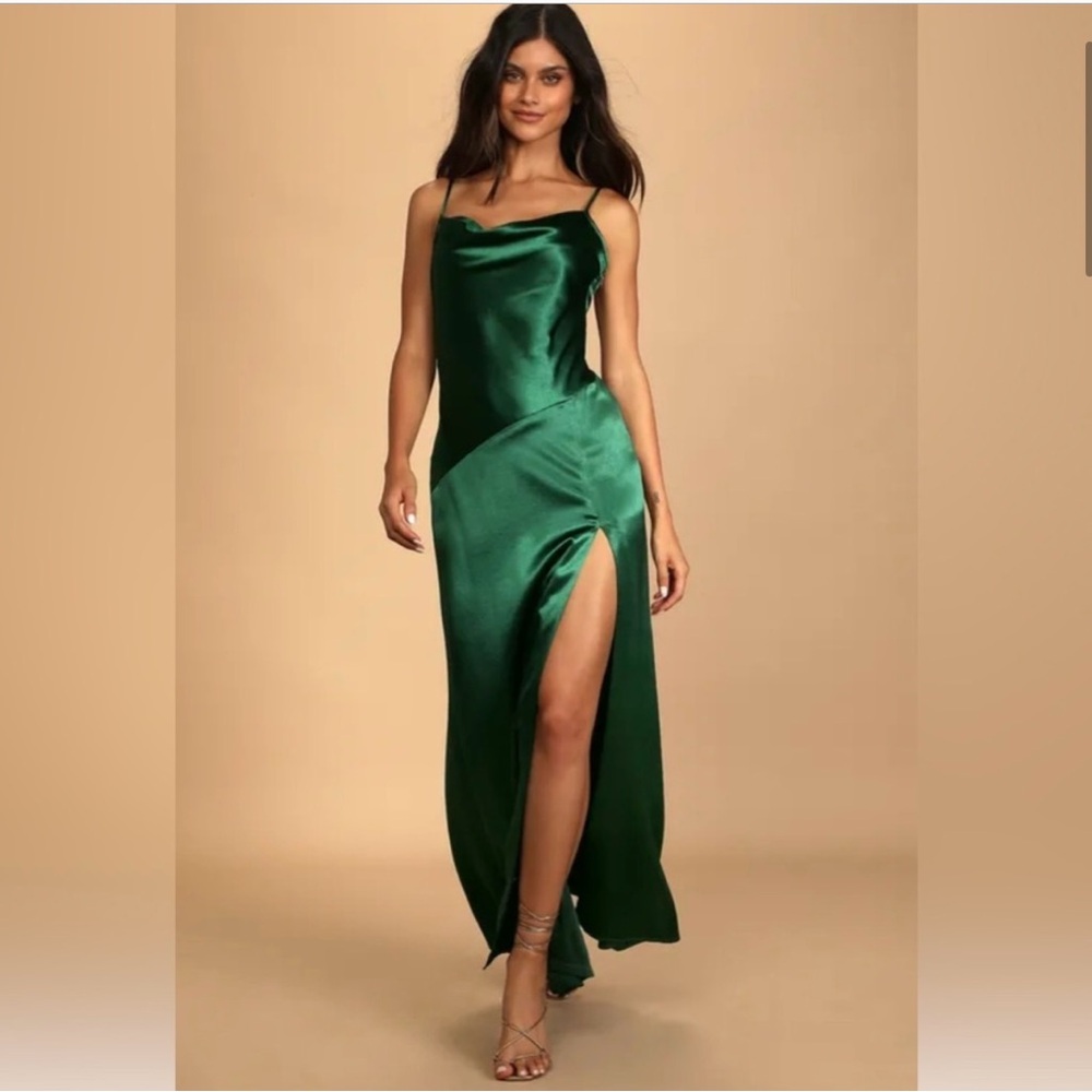 Women’s Lulus Caroline Emerald Green Satin Cowl Neck Maxi Dress XL NEW With TAGS